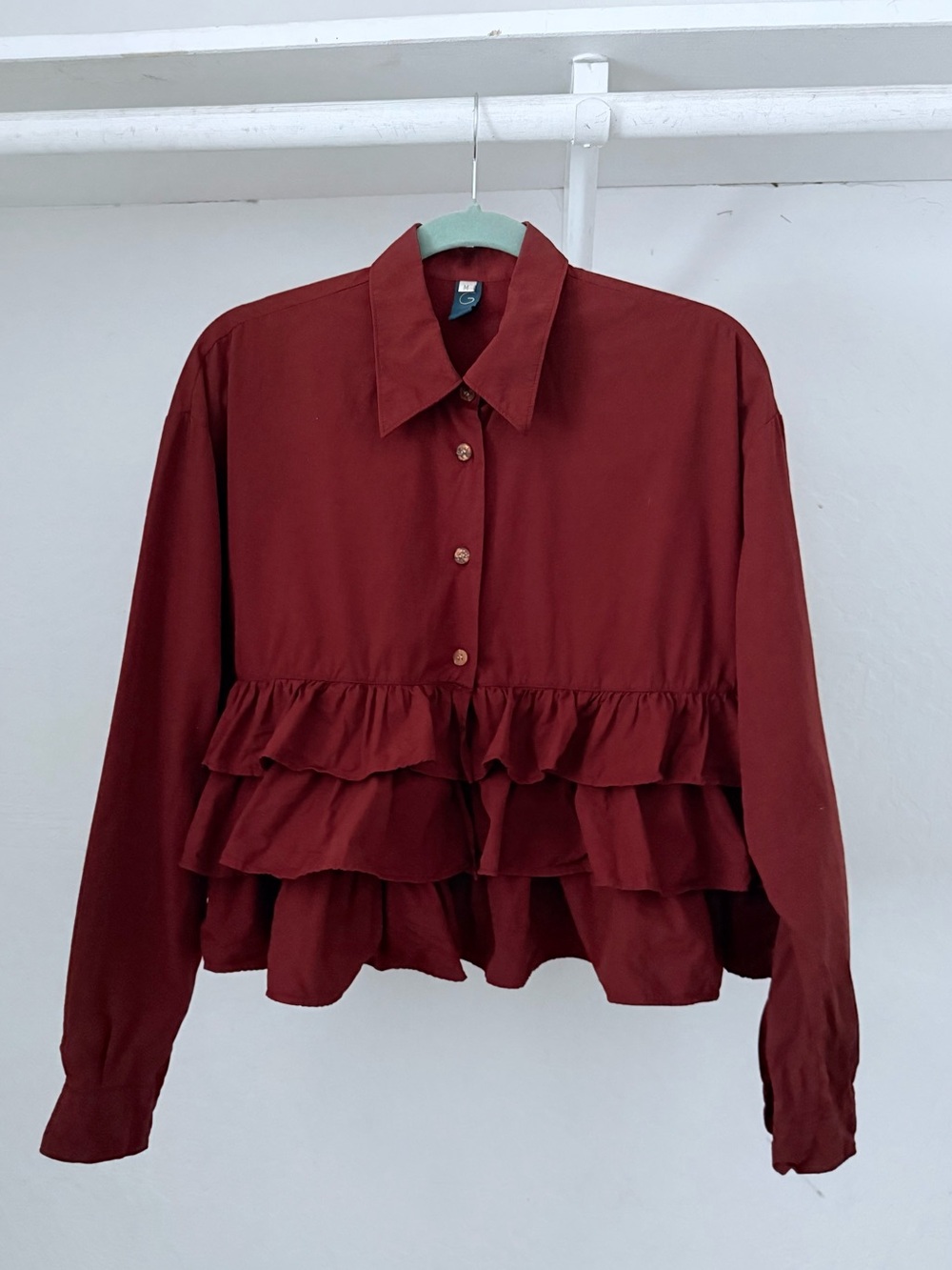 1990s Romeo Gigli "G" Label Russet Red Cotton Shirt with Ruffles